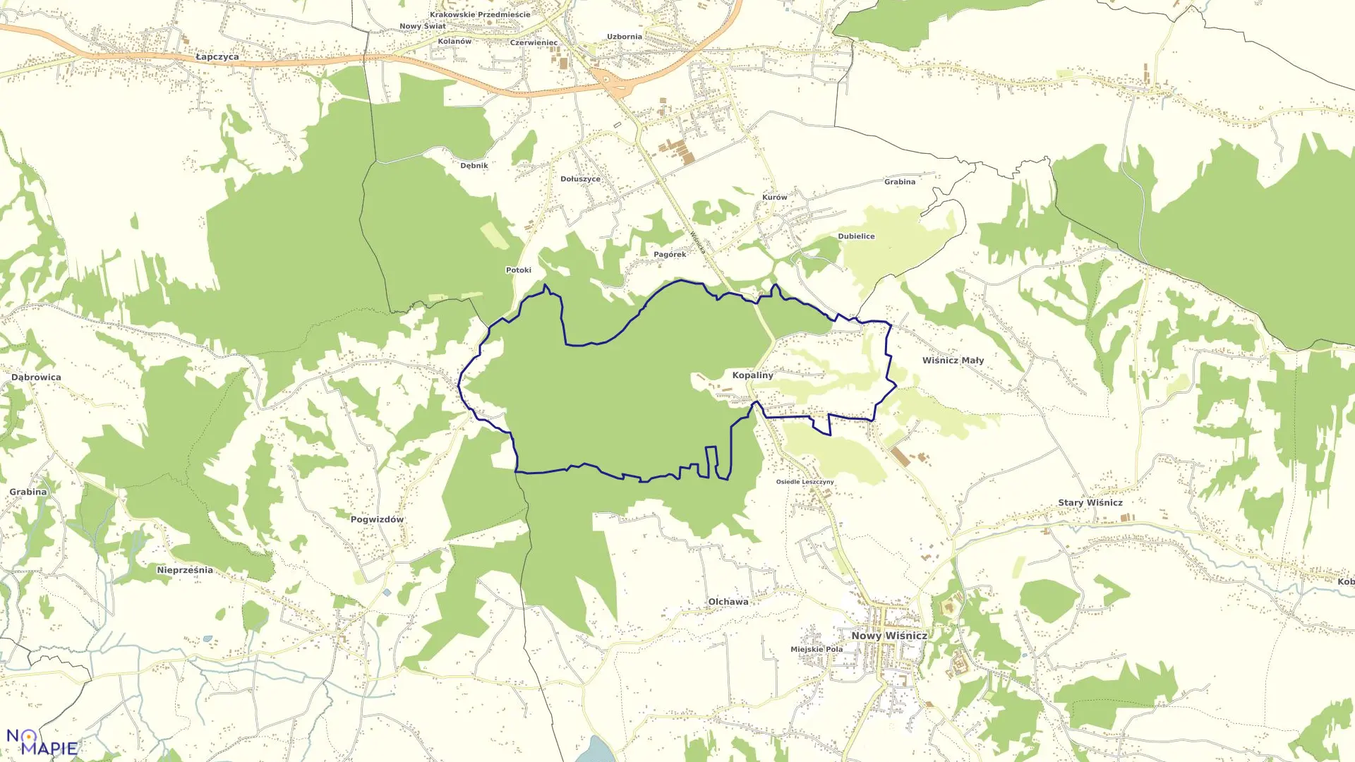 Mapa obrębu Kopaliny w gminie Nowy Wiśnicz