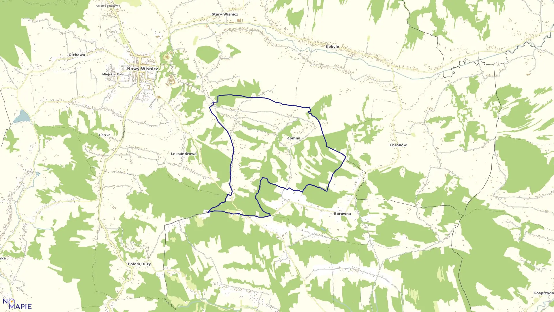 Mapa obrębu Łomna w gminie Nowy Wiśnicz